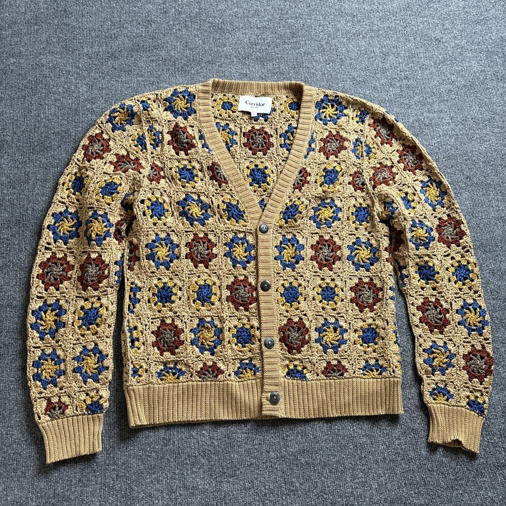 Corridor Crochet V-Neck Pima Cardigan Large Knit Sweater Yellow Granny‎ Square